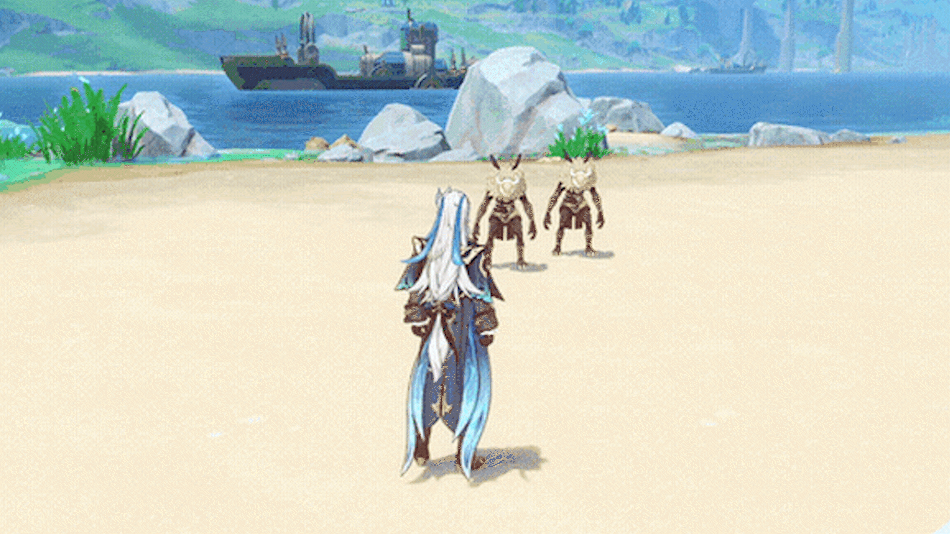Neuvillette casting his skill, leaving three glowing blue droplets hovering in the air around him