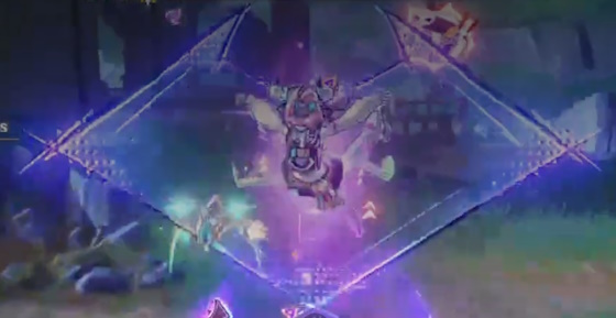 Varesa hanging in the air with a large purple diamond drawn around the middle of the screen