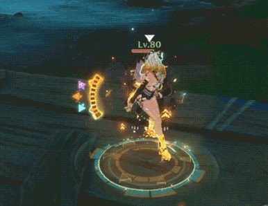 Xilonen mid-fight with three samplers floating beside her, one purple, one red and one blue