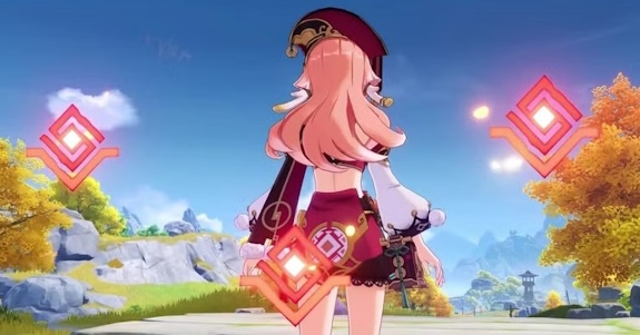 Yanfei with three glowing orange diamond seals floating around her just after casting her Skill